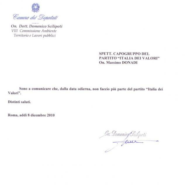 Lettera di Scilipoti per le dimissioni dall'Idv